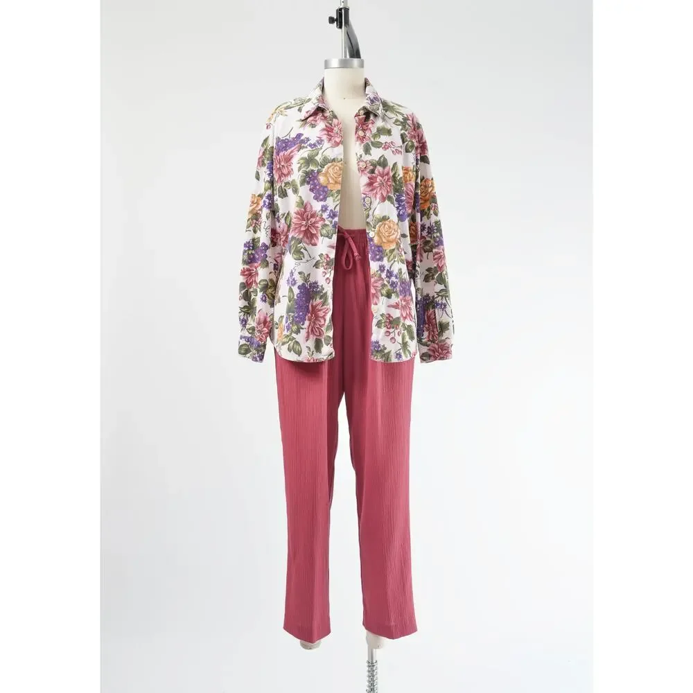 Vintage 90s Floral Grape Vine Print Shirt Cotton Corduroy Collared Blouse M - Picture 2 of 8